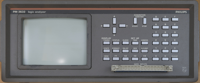 Front panel of the Philips PM3632 logic analyzer from 1983. This front panel is in good condition having little wear. The front panel features characteristic silver buttons and a boxy shape. The color of the CRT is bright green.