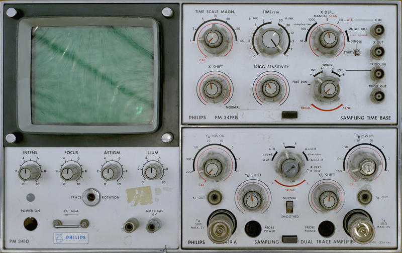 Front panel of the Philips PM 3410 analog sampling oscilloscope.