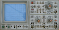 Image showing the front panel of the Hameg HM1005 oscilloscope. This 90s series oscilloscope uses physical buttons and a CRT screen for its interface.