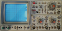 Image showing the front panel of the Hameg HM1005 oscilloscope. This 90s series oscilloscope uses physical buttons and a CRT screen for its interface.
