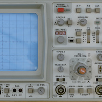 Image showing the front panel of the Hameg HM1005 oscilloscope. This 90s series oscilloscope uses physical buttons and a CRT screen for its interface.